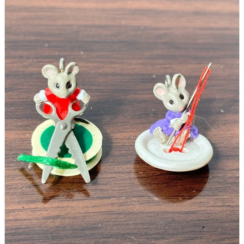 Vintage 1992 Hallmark Miniature Mouse Ornaments Sewing Spool Button Set of 2